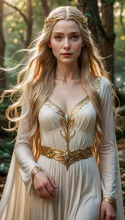 FILM PHOTOGRAPHY STYLE, galadriel from lord of the rings, waist shot, mysterious aura, tall, majestic, beautiful elf, long, golden hair with silver sheen, beauty like a morning, eyes shining brightly, profound eyes, wearing white clothing, long flowing hair, golden hair with a silver sheen, powerful presence, eyes keen and starlike, eyes filled with deep wisdom and memory, full body view, <lora:detailed_notrigger:2>, <lora:add-detail-xl:.8>, <lora:LCMTurboMix_Euler_A_fix:.8>, <lora:677862_training_data:.8>
