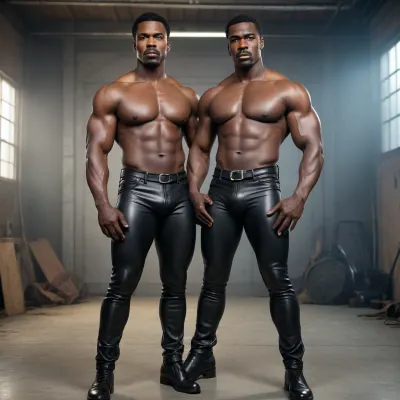 Two black bodybuilders in the style of Tom of Finland, wearing tight black leather jeans with a large bulge in the crotch.