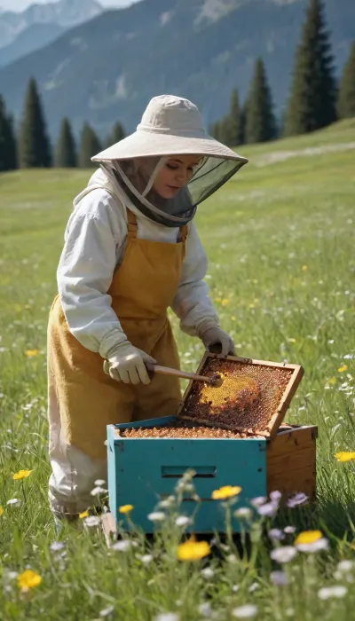 A beautiful female beekeeper harvesting honey in alpine meadows during spring, bright and lively scene, high-quality photography, maximum resolution, HD, vivid colors, 8k detail, perfect sharpness, the honey glows brightly under the sunlight, lush green grass, wildflowers surrounding her, bright sunlight simplifying the scene, natural and serene atmosphere, hyper-realistic style, cinematic lighting, detailed textures