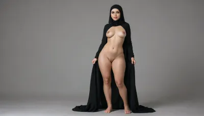 caucasian girl, skinny body, thin waist, black hijab, tiny ass, bbw, full body image of a beautiful 21 year old breasts out, her pussy is thick