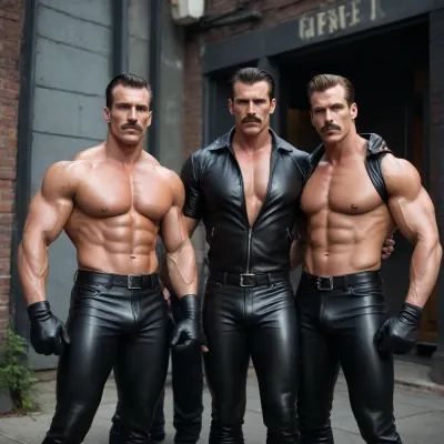 three gay bodybuilders in the style of Tom of Finland, dressed in black leather
