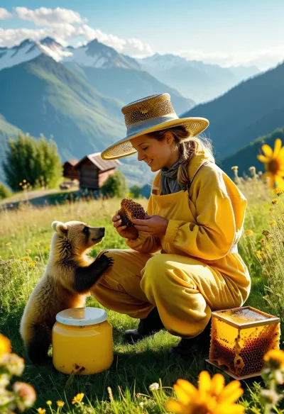 Beekeeper squatting next to a bear cub in alpine meadows. Beautiful beekeeper wearing a beekeeper outfit. She holds a honeycomb in her hands and feeds it to bear cub. Bear cub is eat a honeycomb covered with bees, giving it a funny and playful appearance. Honey jar. bee swarm. Beehives. Apiary and beehives in background, setting is framed by fields and distant mountains under a sky. The overall atmosphere is bright sunny and cheerful, (detailed honeycombs), (highly detailed:1.3), <lora:add-detail-xl:1.8>, <lora:MJ52:.5>
