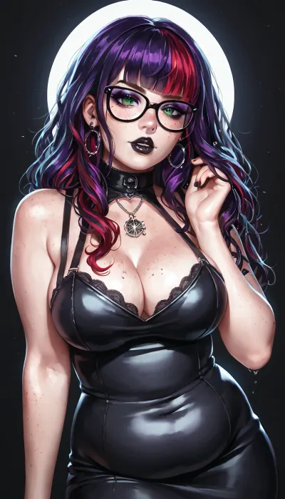 sexy goth woman, 18 years old, long hair and bangs, purple hair with red highlights, freckles, glasses, green eyes, British, eyeliner, mascara, purple eyeshadow, black lipstick, chubby, large breasts, black dress