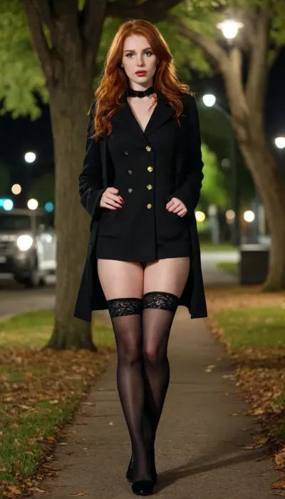 18 y.o. good looking woman, straight very redhead hair, named Gwen, highly detailed natural pretty face with high cheek bones, big cute perfect eyes, Caucasian, no makeup, pale oiled skin, well-built, very long legs, large ass, shaved pussy, huge giant breasts, seductive, mischievous, exhibitionist, full body, no underwear, pussy lips exposed, (black thigh high nylon stockings), long-sleeved tight long black shirt, black ankle boots, (long black thick coat down to her feet), park at night, standing underneath a tree, (dim lighting), looking at viewer