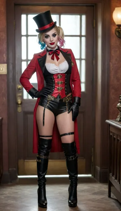 steampunk style harley quinn, top hat, boots, standing in doorway, <lora:750873_training_data:.8>, <lora:steampunk_xl_v2:.8>, ohwx, woman, <lora:margot_lora_sdxl_v1-000006:.8>