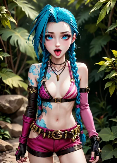 (masterpiece, best quality:1.2), ((solo)), bikini slipped, skinny, intricate details, jinx \, (league of legends\), 1girl, twin braids, single elbow glove, short shorts, bikini top only, necklace, belt, bullet, fingerless gloves, <lora:jinx_default_lol-000021:1>, chibi, kawaii, <lora:body_size_control_v1.0:2>, ahegao, <lora:ahegao_v0.3:1>, (<lora:3D XL:1.4>)