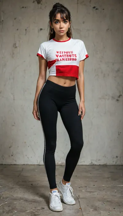 FILM PHOTOGRAPHY STYLE, Latina, dark hair, bun style, framed face with bangs, loose red crop tshirt top, flat breasts, (covered_nipples), black leggings, white sneakers, hoop earrings, (hand_in_hair), ultra realistic, high definition, masterpiece quality, high resolution, 8k resolution, golden hour lighting, <lora:add-detail-xl:.8>, <lora:detailed_notrigger:2>, <lora:LCMTurboMix_Euler_A_fix:.8>, <lora:677862_training_data:.8>