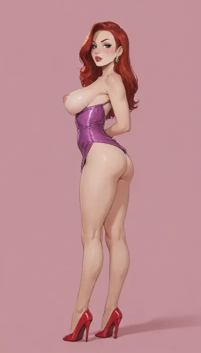 Score_9, score_8_up, score_7_up, Reiq feat Incase feat melkor mancin artstyle, Jessica rabbit, short micro dress, ass back, side view, thick puffy nipples, dutch angle, high heels, pink background, dark enviroment, rim light, bright spotlight, ratatatat74, (thick outline), (terasu_mc), lineart, line, art, flat, colors, color, <lora:ratatatat74-000050:.8>, <lora:cartoon_stickers_xl_v1:.8>, <lora:NEOTOKIOXL_0.2_RC:.8>, <lora:lineartSDXL:.8>, <lora:outline_xl_kohaku_delta_spv5x:.8>