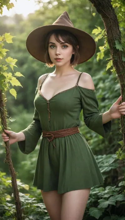 Realistic photography, Fantasy, magical, medieval, solo, 1girl, mage, mage robe, short dress, mage hat, short hair, round face, big bright eyes, broad shoulder, deep collarbone, squeezed cleavage, slim waist, calm, alluring, detail background, backlight, green nature magic circle, vines, leaf, tree, <lora:EnvyCuteSliderXL01:2>