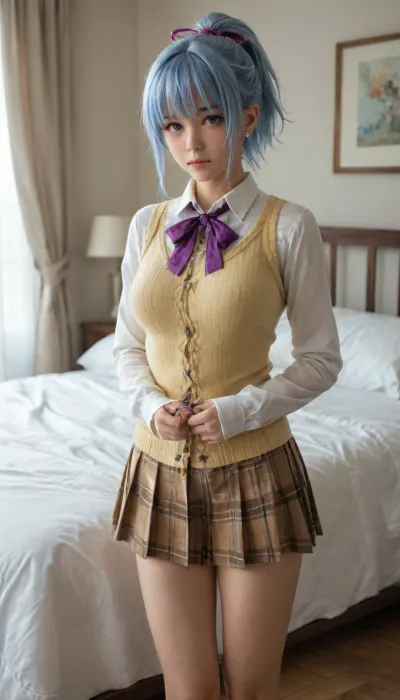 (kurono kurumu from rosario+vampire), ((wearing a yellow sleeveless sweater, white long sleeve shirt, brown plaid pleated skirt, beautiful, medium breasts, short hair, light blue hair, front bangs, long side bangs, purple ribbon tying a ponytail, purple eyes, sexy legs, in a bedroom, standing near a bed))