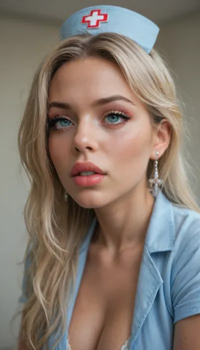 very slutty dumb bimbo whore cum bitch in open blue nurse uniform, (eyes rolling expression:1.5), big meaningful eyes, long fake eyelashes, very big lips glossy red, color eyeliners, ultra heavy makeup, medium breasts