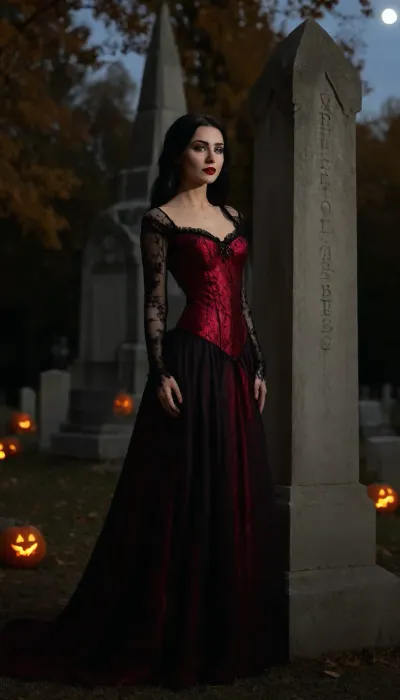 Dim cinematic moody lighting, professional photo, highly detailed, horror, 4k, canon dslr, 3/4 view, beautiful sexy very slender 33 year old woman, (leaning against a stone obelisk in a Gothic cemetery), elegant black Victorian gown adorned with red lace, (hoopdress), (eerie smile), pale ghostly skin, long black hair, gothic makeup, black lipstick, model pose, shallow depth of field, (Background, Halloween, outdoors, glowing jack-o-lanterns, moonlight, autumn), ((spiderwebs, cobwebs)), flat chested, lewaru, <lora:flat_chested_v3.5:.8>, <lora:add-detail-xl:1.3>, <lora:LeanWithArmUp.1.0:1.3>, <lora:bab4d033-acad-4a4e-b6fa-5dda2bad3471.TA_trained:1.7>