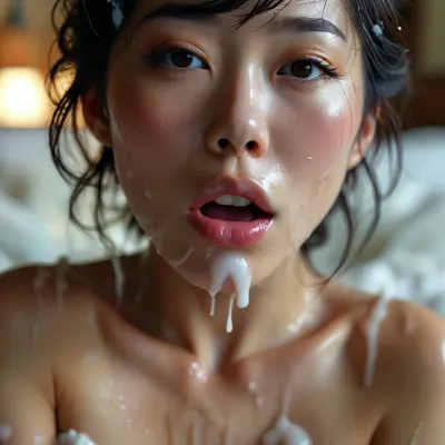 30 year old female japanese queen, covered in thick white realistic cum, sexy expression, orgasm, orgasm face, Mouth half open, tongue on lip, eyes half closedwoman, cum, on, face, <lora:MJ52:.3>, <lora:BUT_SDXL_SHS:1.3>, <lora:add-detail-xl:.7>, <lora:CinematicStyle_v1:2>, <lora:JustCum:1.5>