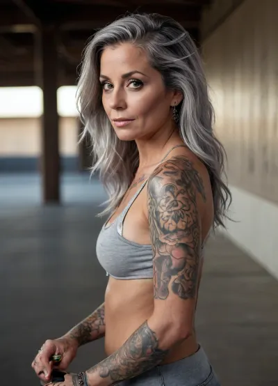 ultra-realistic, 8K HD, thick 50-years old women, detailed face, detailed hair, deep grey eyes, on a skateboard, tattooed, side view, full body view, looking the viewer