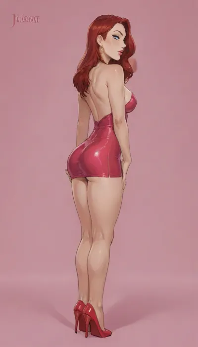 Score_9, score_8_up, score_7_up, Reiq feat Incase and inv artstyle, Jessica rabbit, short dress, ass back, side view, dutch angle, high heels, pink background, dark enviroment, rim light, bright spotlight, ratatatat74, (thick outline), (terasu_mc), lineart, line, art, flat, colors, color, <lora:ratatatat74-000050:.8>, <lora:cartoon_stickers_xl_v1:.8>, <lora:NEOTOKIOXL_0.2_RC:.8>, <lora:lineartSDXL:.8>, <lora:outline_xl_kohaku_delta_spv5x:.8>