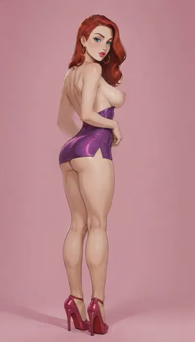 Score_9, score_8_up, score_7_up, Reiq feat Incase and inv artstyle, Jessica rabbit, short dress, ass back, side view, dutch angle, high heels, pink background, dark enviroment, rim light, bright spotlight, ratatatat74, (thick outline), (terasu_mc), lineart, line, art, flat, colors, color, <lora:ratatatat74-000050:.8>, <lora:cartoon_stickers_xl_v1:.8>, <lora:NEOTOKIOXL_0.2_RC:.8>, <lora:lineartSDXL:.8>, <lora:outline_xl_kohaku_delta_spv5x:.8>