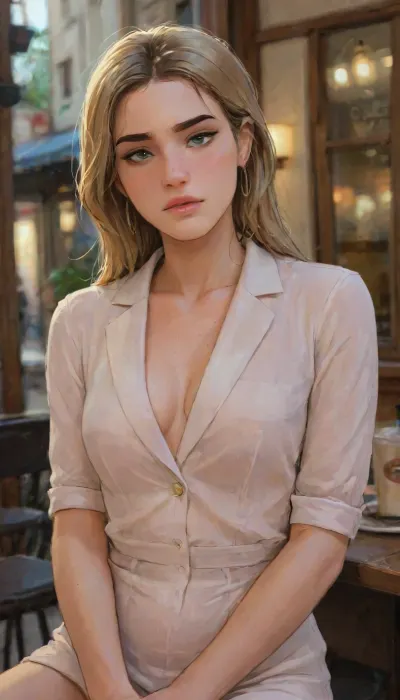Andava, Andavaverse, Emily sitting outside a cafe Drinking A Latte.

EMILY AUSTIN, Israeli-American, age 24, Height 5'8.

A beautiful young woman with an oval face shape, softly contoured cheeks, and a refined jawline that tapers to a smooth chin. Smooth, luminous skin with a warm tone. Almond-shaped hazel-green eyes, long natural eyelashes, subtle eyeliner, and soft neutral eye makeup. Full, well-groomed eyebrows with a natural arch. Straight, narrow nose with a gentle slope and softly rounded tip. Full, glossy lips in a natural rose-pink tone, with a defined cupid’s bow. Medium-sized ears with small gold hoop earrings. Long, straight golden-blonde hair with soft highlights, parted in the center, silky and flowing over the shoulders. Balanced, elegant expression, confident and poised.

wearing a fitted beige tailored blazer over a short black mini-dress, showcasing a sleek and modern fashion style. The blazer is buttoned at the waist, giving a sharp, structured silhouette. She has tall black leather high-heeled boots reaching just below the knee. Her hair is styled in a neat, elegant, and she has a poised, graceful posture with one leg slightly forward. Lighting is soft and professional, emphasizing the clean lines and textures of the outfit.

perfect anatomy, best quality, 8k, insane details, intricate details, hyperdetailed, hyper quality, high detail, ultra detailed, professional, HDR, ray tracing reflection, cinematic lighting, highlydetailedbody, realisticface, highlydetailedhair, insanelydetailed, 8K.highdetailedskin, highresolution, perfectfingers, (j_cartoon:1.5), Drawing, 4ng3l, face, <lora:SDXL_BetterFaces-LoRA_v1:1>, <lora:detailed_notrigger:2>, <lora:samdoesarts1.1-000030:.4>, <lora:J_cartoon:.3>, <lora:Animated_Concept:.4>