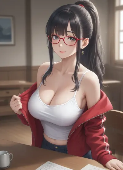 (anime), (drawn), (perfect quality), (8k resolution), (ultra HD), (perfect lighting), (ultra-detailed), (beautiful shading), (female room mate), (30 years old), (cute face), (mature), (beautiful eyes), (shining eyes), (nice eyelashes), (smiling), (long hair), (long straight bangs), (black hair), (straight hair), (ponytail), (red glasses), (blushing), (normal waist), (very big tits), (insanely big boobs), (big ass), (open zipped jacket), (loose camisole), (deep cleavage), (camisole strap slid down), (sporty shorts, (squeezing tits on table), (leaning on table), (view on tits))