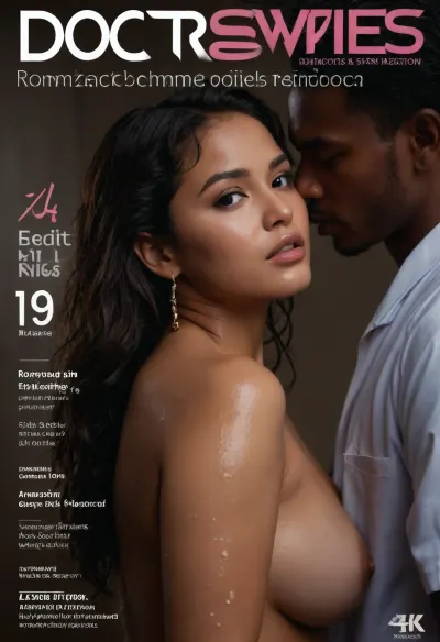 ((sweaty wet oiled skin)), Filipino curvy woman with wavy tied hair wearing hospital outfit in doctor's office setting with clothed Indian and african nurses humping her at night sweating a lot and getting wet in rain, raining atmosphere, (uneven skin tone), ((jewelries magazine title cover page, sweaty wet skin edition)), ((romance photot pose with male 19 year old fans edition, sideview))