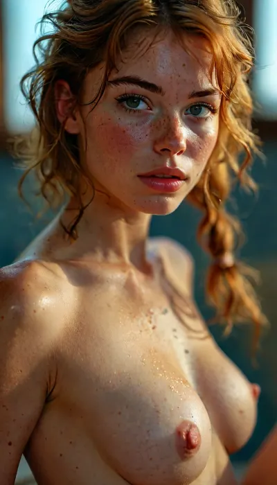 Erotic photo session, in photo studio, navy blue background, ((Naked 20yo woman)), russian face, full body in picture, Short hair, ((highly detailed skin)), 8k uhd, dslr, high quality, detailed skin texture, (highly detailed hair), side view from thighs up, perfect ass, sharp body, highly detailed body, (realistic), soft focus, insanely detailed, highest quality, freckles, (skin pores, skin imperfections), seductive, high resolution photography on a nikon camera, perfect makeup, friendly, flirty, her lips are thick, lingerie catalogue style, hairy bush, erect nipples, but, <lora:MJ52:2>, <lora:add-detail-xl:2>, <lora:BUT_SDXL_SHS:.3>