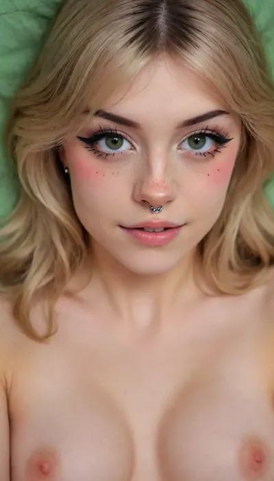 score_9, score_8_up, masterpiece, best quality, detailed_eyes, high_quality, best_quality, highres, absurdres, 8k, hyper detailed, cinematic composition, very aesthetic, newest, depth of field, realistic, from above picture of, (hannahowo:1.3), (slim_fit slender skinny_petite body), looking at viewer with shy tempting smile, sultry horny face expression, nose piercing, (((laying))), hannahowoxl, long blonde bang, blonde hair, green eyes, hannahowo, thepose, <lora:HannahXL:.8>, <lora:hannahowo-2e:.8>, <lora:ThePose:1>