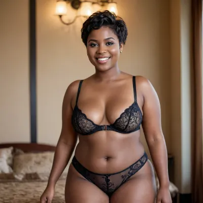 African Woman, beautiful face, smile, young, brown eyes, much chubby, wide hips, Pixie cut, black hair, flat boobs, black skin, large thighs, lingerie stand.