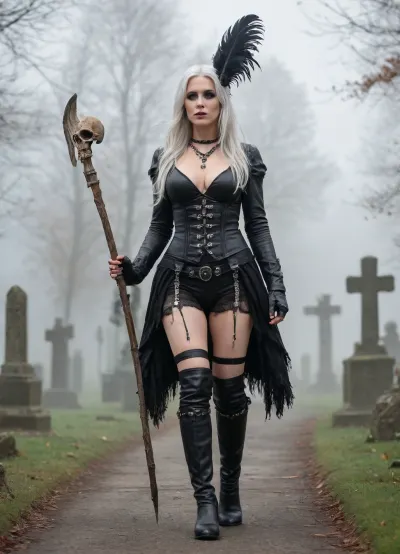 ((Busty skinny necromancer mature 40yo woman)), ((Massive huge giant saggy flabby natural hanging breasts), ((Hourhlass figure, skinny, ultra pale skin)), ((Silver hair, Long messy hair)), ((Dressed in Black stockings, black leather kneehigh boots, thongs masę from bones, bone shoulder plates, necklace with bones, natural skulle helmet)), ((Carrying wand made from bone with feathers)), ((Looking around)), ((Walking trough foggy cemetary)))