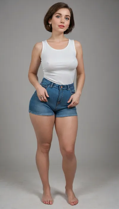 helen parr, mom, married, wife, natural, (wide hips:1.5), (hourglass figure), large saggy breasts, ptosis, beautiful face, tan skin, horny expression, wearing, (red, very high waist shorts, plain sleeveless v-neck white t-shirt tucked in), full body view, full waist, (plump pelvis, bulging pubic mound, plump pubis), full lips, plump lips, striking beautiful big eyes, (captivating striking light blue eyes), eye contact, wearing a wedding ring on her left hand, braless