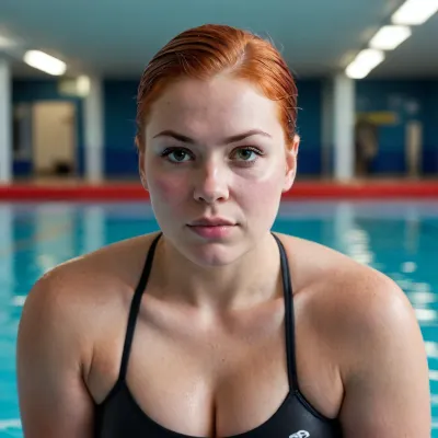 Young woman athlete swimmer chubby.30 year old woman.
Red-haired, short haircut.Wet body, wet hair.An empty sports pool. Big, very strong big shoulders.Very strong forearms.Large saggy postpartum boobs with large nipples and large reddish areolas.A broad-shouldered swimmer.A very powerfui strong body. An very evil angry look at me from under his brows.Big-mouthed, big-lipped.Smirk.A contemptuous, arrogant look, full of hatred.