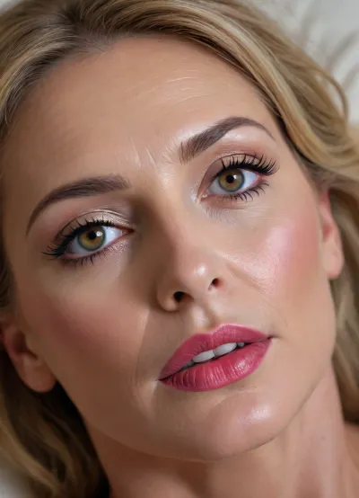 ultra-realistic, 8K HD, thin 60-years old woman, detailed face, detailed hair, intense golden eyes, numerous wrinkles, prominent cheekbones, very thin upper lip, (heavy eye makeup:1.5), lying on a bed, view from top