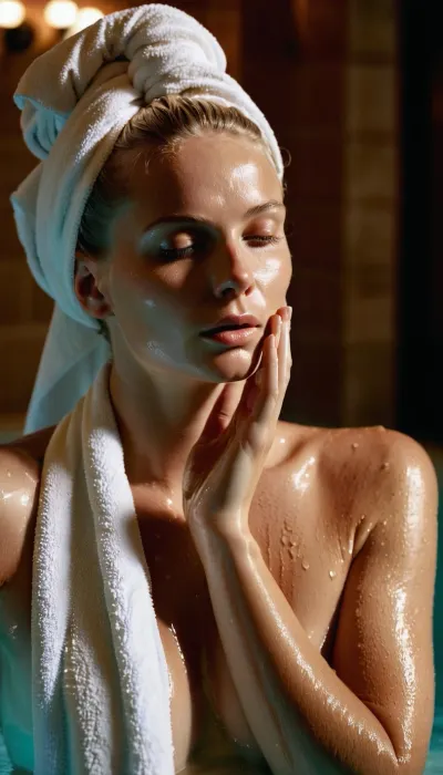 in spa soft lighting, woman wearing a towel around his body, blonde, caressing her face with cream, oiled body, stunning perfume, in a pool with foam, bubbling pool