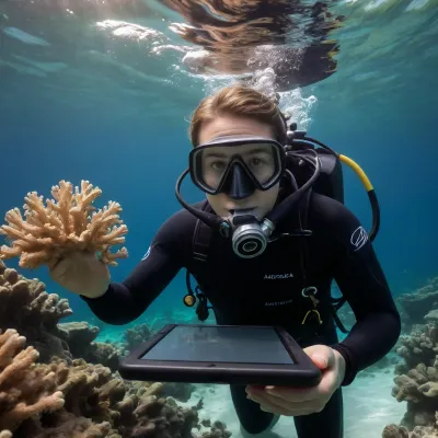 Masterpiece, (ultra-detailed and photorealistic underwater:1.4), marine biologist studying elkhorn corals on the Australian seabed, 1.5. Face visible through tempered mask with eyes in focus, (1.6), . 5mm wetsuit, (regulator in mouth with bubbles:1.4), (jet fins:1.3), (carbon tanks on back:1.4), studies and inspects porous branches of elkhorn coral, (Acropora palmata), (front:1.6), (coral separate from diver:1.7), (hands holding a dive tablet:1.6), (indigo waters in front of an Australian reef similar to Palawan:1.4), (sunbeams:1.3), 16k sharp focus, perfect anatomy, no coral above the diver. Ultra premium masterpiece, maximum hyper-detailed quality, no artifacts or noise, cinematic lighting, professional, depth of field.