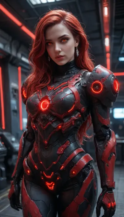 Princess Ariel, (robotic black mech red neon glowing armor:1.9), futuristic plasma-gun, spaceship interior, <lora:Mecha_Ggorgeous_Armor-000011:1.5>