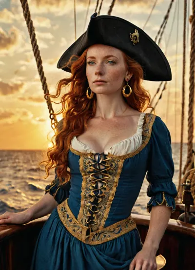 (photorealistic), (15th century style), beautiful sexy very petite 33 year old woman, (long ginger hair), very small breasts, freckles, high detail, on a pirate sailing ship, on deck, (blue vintage camisole dress), (black tricorn hat), (sea waves in the background), (sunset, golden hours lighting), (gold earrings), <lora:add-detail-xl:.8>