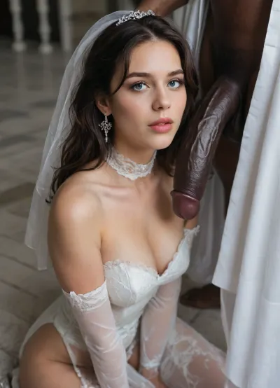 interracial, giant black skin brut. giant black penis, close up image, Iranian bride in a luxurious white wedding gown, kneeling gracefully, she has removed one of her white patent leather high heels and is holding it delicately in her hand, lace dress partly stained, surreal artistic fashion photo, black velvet background, cinematic soft lighting, photorealistic details
realistic lighting, soft shadows, high detail, hyperrealistic, 8K, BadX, dvr-shrp, <lora:dvr-shrp:.9>, <lora:Image Enhancer XL Extreme v1:.9>