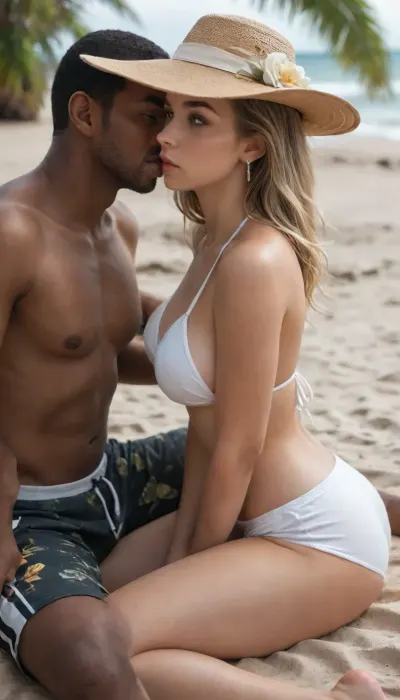 natural daylight, soft shadows, ((((an old dark skinned man sitting with her:1.9)))), detailed eyes, natural expression, realistic hair strands, smooth skin, natural fit curves, perfect body, elegant and feminine body shape, 1, 65cm tall, ((blond hair)), perfectly round medium firm breasts, perfect ass, Sensual tropical beach, ((((an old dark skinned man sitting directly beside her:1.15)))), (((he is wearing swim trunks:1.7))), woman sitting on her side, ((((the old dark skinned man leans in kisses her on the lips:1.15)))), (((on soft white sand:1.6))), wide sun hat, ((((white bikini:1.9)))), arm supporting body, shapely legs slightly bent, gentle waves nearby, tropical light casting soft shadows, relaxed and seductive
