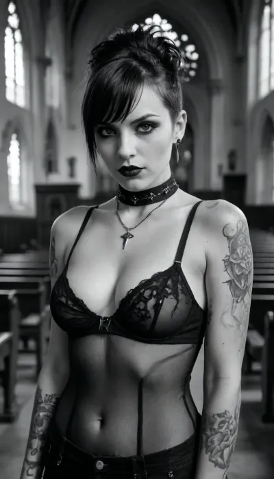 19th century vintage monochrome victorian photography, scratches and unperfections, walk, walking, 18 years old, sensual, inteligent oldschool half clothed heavymetal witch, small tits, seductive big lips, tin punk babe, facing the viewer, skin full of tattoos, punk tattooes, collar bone tattoo, punk mohawk, goth bi bangs, hair with goth bangs, (punk hairstyle), well defined body, busty, pierced nipples, extremely hairy woman, showing armpits, untrimmed very hairy pussy, monochrome in accient gothic church, indoor