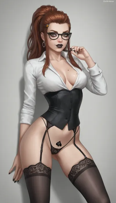 Brigitte Lindholm, glamorous goth makeup, black lipstick, slim body, tiny-waist, pointy breasts, posing sexy, ((black waist cincher, spades branded thong, black stockings, secretary glasses, strict glasses)), garterbelt, garters, legs apart, white wall, white painted wall, clean wall, plain wall, clear wall