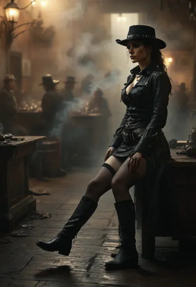 Monochrome, Wild West 1790, portrait of a super sexy athletic and flat-chested gunslinger stands relaxed on a dusty road, she wears a long black leather coat, underneath a rough men's shirt with buttons, a dark black miniskirt, (black fishnet stockings:1.4), cowboy boots, a cartridge belt with a pistol holder around her waist, her dusty black hat is pulled low over her face, the shadow on her face gives her a dangerous aura, Leaning casually against the polished wooden bar of a smoky frontier saloon, whiskey glass in one hand. Warm golden lamplight, card tables and piano in the background, cowboys and gamblers glancing her way. Sawdust on the floor, haze of cigar smoke in the air, filled with dust and smoke, emphasizing a cinematic, dystopian cowboy atmosphere, art Style & Technique is a dirty old style, Ultra-realistic digital painting with cinematic depth of field. Highly detailed texturing on leather, skin, and hair. Realistic dirt and dust. Use dramatic contrast lighting and warm dusty tones. Filmic grain and volumetric light rays for atmospheric immersion. Inspired by concept art for gritty western or steampunk video games. Moody and dynamic composition, with a sharp foreground focus and a slightly blurred background to create depth, masterpiece, best quality, ultra-detailed, cinematic lighting, wild west, smoking weed, cannabis, Ultra-realistic Western art, highly detailed, cinematic moody lighting, tense but charismatic atmosphere., crowd, of, people, FRESHIDEAS, Real, Photography, 2#, Black, and, white, art, black, shading, charcoal, toned, brutal, dark, b/w, color, scheme, from, below, shoes, delicate, detailed, eyes, <lora:FRESHIDEAS Real Photography 2#:.8>, <lora:crowd_notrigger:.8>, <lora:MJ52:.8>, <lora:Black and white art.V1:1.9>, <lora:underanglexl16:1.9>