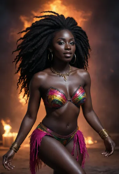 Black woman. Black woman. Dark skin. Ebony skin. Very dark skin. Black woman. Black girl. African American heritage. Dark as the night., (Black skin:1.7), . Full body render. Fuck me face. Long multi color hair. Rave girl dancing