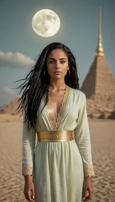outdoor, moon, night, clouds, raibow, birds, desert, oasa, pyramide and church, 80 years old, egyptian preist, (very black skin, nubian, egyptian), 1 century bc. one hand uo, is humble, lusty and inteligent, dressed in a gold and black silk robe, (expensive gold and black master class, ancient), gold lingery, half naked. She moves quietly and efficiently, always polite and attentive to her duties. naked tinny tits, big excited niples, hard shaped, all body, open legs, showing pussy and naked small, Tuching open pussy by fingers, lace filigree of bright, rich color. Long black hairs, (dreds haircut hi class black long hair), and large green eyes with black lines, arms up, pastel