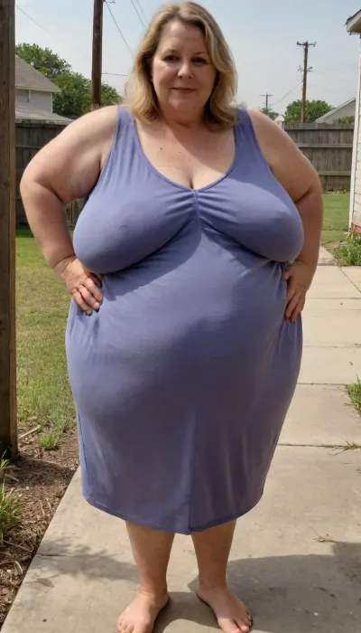 A huge sixty-year-old blonde woman, a huge round belly, heavy sagging massive breasts, round, bulging massive powerful ass, round fat face, thick cheeks, thick lips, triple chin, spacious summer dress emphasizes the figure, barefoot, Rear view, megachubsdxl, morbidly, obese, sagging, breasts, <lora:megachubsdxl_13:.5>, <lora:sagging-000015:.5>