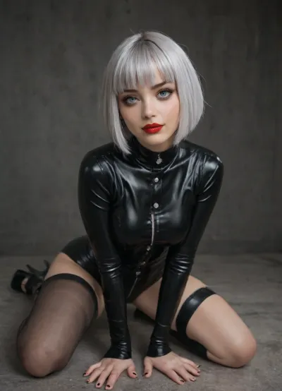 Emo girl, girl 25 years old, silver hair, (bob haircut with bangs:1.5), smiling, happy smile, blue eyes, gothic girl, gothic makeup, red lipstick, cat eye makeup, black unbuttoned latex suit, black platform high heels