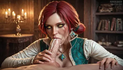 Triss Merigold from The Witcher 3. In an erotic revealing outfit. Sexy, flirting, NEGATIVE_HANDS, sexy woman, realistic female anatomy, pale female skin, masterpiece, sexy female, naughty female, kinky female, kinky and sexual positions, huge emphasis on quality details accuracy and realism in character, lusty female, lustful female, realistic physics, sexiness lust kinky sexual aroused sexual attraction ovulation sexual temptation and beauty of this female is outstanding, medium firm breasts with small areolas. Pronounced freckles. Seductive, erotic, lustful, depraved. Striptease. Sexy posing. Grace, sucking cock. deepthroat blowjob, deepthroat, cumshot
