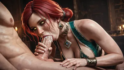 Triss Merigold from The Witcher 3. In an erotic revealing outfit. Sexy, flirting, NEGATIVE_HANDS, sexy woman, realistic female anatomy, pale female skin, masterpiece, sexy female, naughty female, kinky female, kinky and sexual positions, huge emphasis on quality details accuracy and realism in character, lusty female, lustful female, realistic physics, sexiness lust kinky sexual aroused sexual attraction ovulation sexual temptation and beauty of this female is outstanding, medium firm breasts with small areolas. Pronounced freckles. Seductive, erotic, lustful, depraved. Striptease. Sexy posing. Grace, sucking cock. deepthroat blowjob, deepthroat, cumshot
