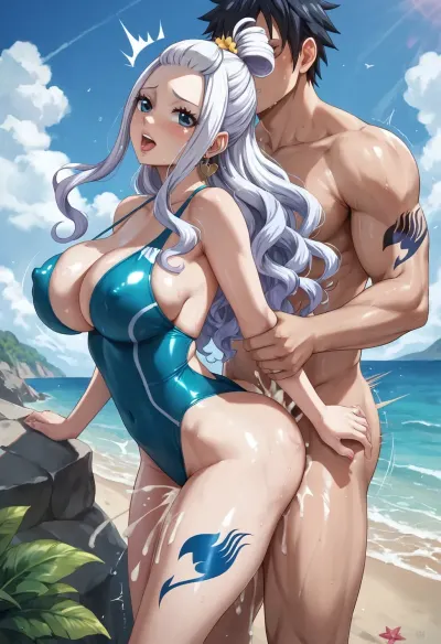 score_9, score_8_up, score_7_up, fairy_tail, mirajane_strauss, absurdres, highres, 1boy, 1girl, ass, beach, aqua_one-piece_swimsui, blue_eyes, white_hair, bouncing_breasts, breasts, cleavage, clothed_female_nude_male, clothed_sex, covered_nipples, cum, cum_on_ass, cum_on_body, cum_overflow, day, doggystyle, female_orgasm, groin, hetero, huge_breasts, long_hair, muscular, muscular_male, nude, one-piece_swimsuit, solo_focus, orgasm, outdoors, sex, sex_from_behind, skindentation, leg_tattoo, shiny_skin, standing, swimsuit, thighs, trembling, tattoo