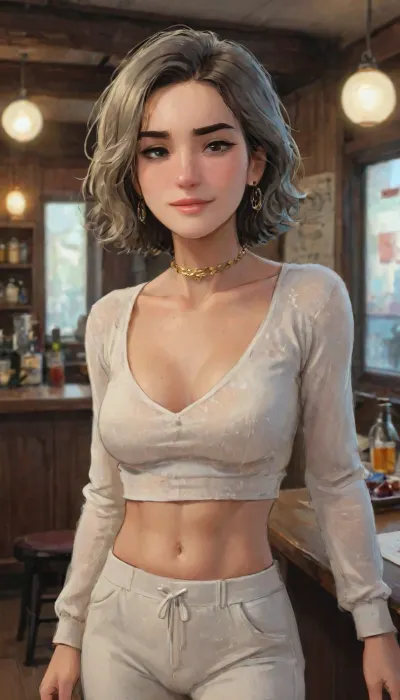 Andava, Andavaverse, DYLAN KARURA ROTH Traveling With Her Family and Arriving Beautiful At Tokyo Cocktail Bar.

DYLAN KARURA ROTH, East-Asian, Korean, MILF, Wife, confident and mature middle-aged woman, Height 5'7, a stylized character featuring sharp mature facial features Fine lines and wrinkles Especially around the eyes and mouth smile lines and forehead, two-tone black hair with silver highlights sleek bob-cut hairstyle, and expressive bright_grey_eyes, framed by thin-rimmed designer female glasses. wearing a fitted long-sleeve underboob crop top in a light beige or off-white color, which accentuates her figure. Her low-waisted low-rise loose-fit jogger pants are taupe or khaki, with a comfortable, slouchy silhouette that tapers at the ankles. She completes the look with black high-heeled open-toe shoes, adding a bold and elegant contrast to the relaxed bottoms. She accessorizes with a delicate jewellery belly chain featuring small charms and gemstones. The overall look is chic, athletic body, flat stomach, toned abs, accessorized with gold earrings and a jewelled choker and wedding ring. Her pose is poised and seductive relaxed, knowing smile and detailed_grey_eyes, blending professionalism with subtle sensuality. The character exudes authority and charm, with a slender yet athletic hourglass figure emphasizing elegance and confidence.Shes hard working mom of two 'Alexis and Pelo'.

perfect human female anatomy, best quality, 8k, insane details, intricate details, hyperdetailed, hyper quality, ultra detailed, professional, HDR, ray tracing reflection, cinematic lighting, highlydetailedbody, realisticface, highlydetailedhair, perfectfingers, insanelydetailed, 8K.highdetailedskin, highresolution, (j_cartoon:1.5), Drawing, grannie, uberfit, muscular, athletic, <lora:Older_woman-000008:2>, <lora:detailed_notrigger:2>, <lora:samdoesarts1.1-000030:.4>, <lora:J_cartoon:.3>, <lora:Animated_Concept:.4>