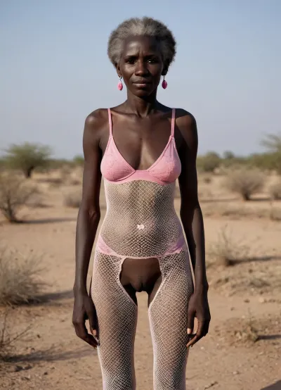 Ugly skinny and thin 85 year old Southern Sudanese granny, granny posing naked, pink lipstick makeup, Brown eyes, white knee high fishnet stockings with pink trim, 3/4 view, bare legs, standing in a rural desert, good hands, perfect fingers, (vagina), (shaved pussy), (((dark skin))), (((dark-skinned female))), (((very dark skin))), (((black body))), (((black skin))), old Ebony skin, flat saggy breasts, very low hanging breasts, brests flat and empty.her legs are wide apartpink high heel shoes.