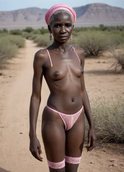 Ugly skinny and thin 85 year old Southern Sudanese granny, granny posing naked, pink lipstick makeup, Brown eyes, white knee high fishnet stockings with pink trim, 3/4 view, bare legs, standing in a rural desert, good hands, perfect fingers, (vagina), (shaved pussy), (((dark skin))), (((dark-skinned female))), (((very dark skin))), (((black body))), (((black skin))), old Ebony skin, flat saggy breasts, very low hanging breasts, brests flat and empty.her legs are wide apartpink high heel shoes., <lora:ahxl_v1:2>