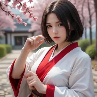 Japanese female warrior with perfect face and body, dark hair, in typical samurai uniform, outdoors, in a Japanese landscape near Mount Fuji during cherry blossom season, with drawn samurai sword in attack position, a samurai sword in her hands, perfect hands, perfect finger, (5 Finger)